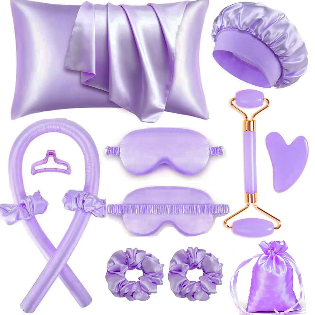 Heatless Curls Overnight Hair Curlers with Satin Pillowcase for Hair and Skin Queen Set, Sleeping Bonnet Eye Mask and Face Massager, 12Pcs Hair Styling Tools Set for Sleeping(Purple)