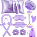 Heatless Curls Overnight Hair Curlers with Satin Pillowcase for Hair and Skin Queen Set, Sleeping Bonnet Eye Mask and Face Massager, 12Pcs Hair Styling Tools Set for Sleeping(Purple)